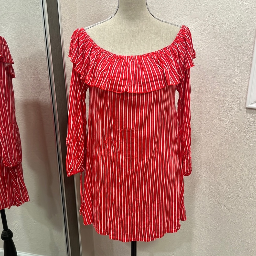 Pretty little things off the shoulder red striped dress.